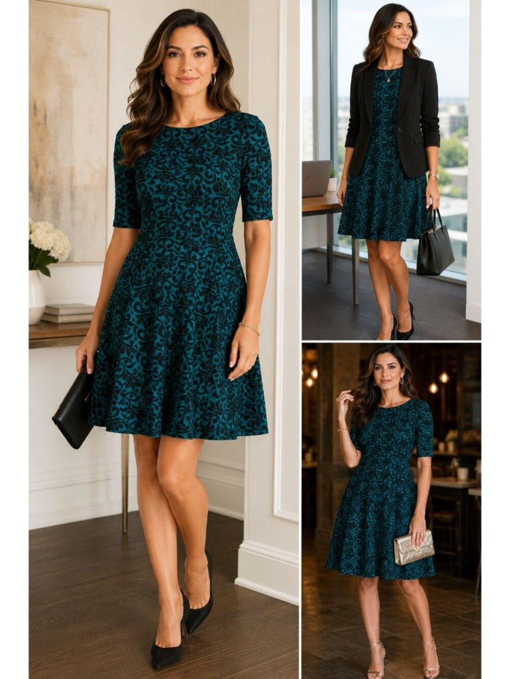 Polished Preppy Feminine Modest Workwear Dress Teal Black Danny & Nicole Size 4